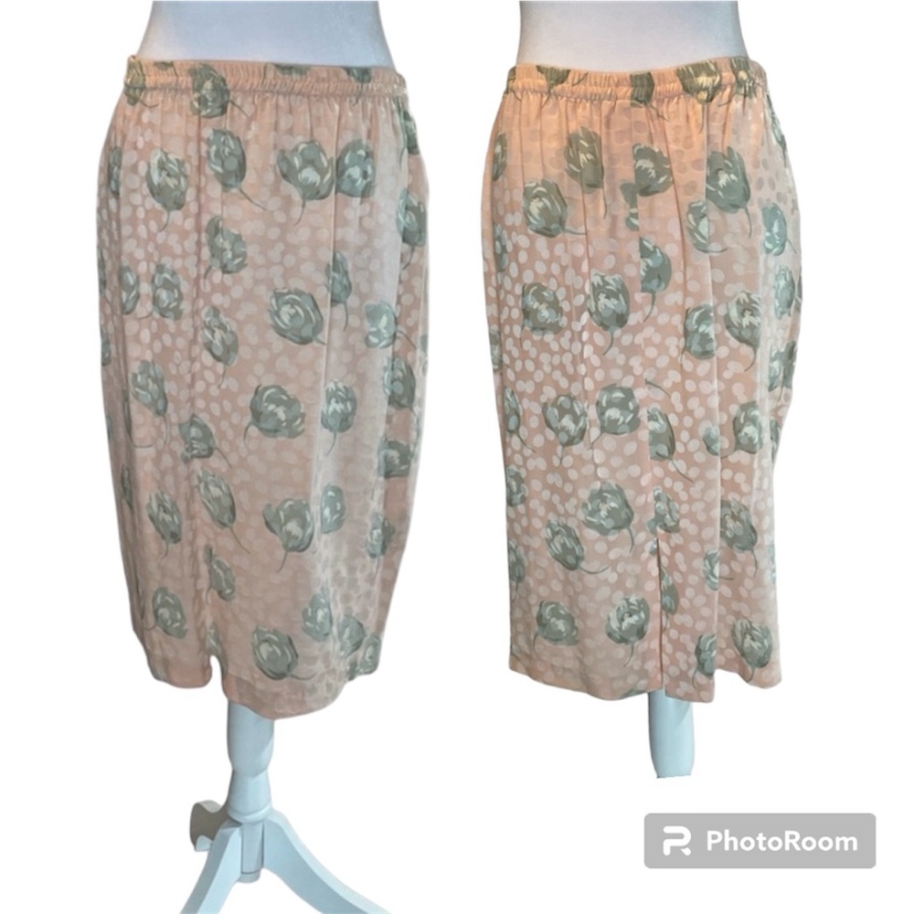 Vintage 100% Silk Pink with Pale Green Floral Elastic Waist Midi Skirt Size 12